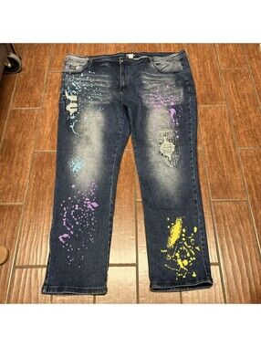 Born Fly Any Town Jeans 50x32 Distressed Paint Splatter Graphics Stretch